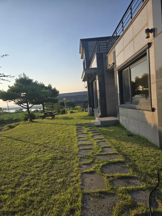 소나무와 잔디 정원이 정돈된 주택 외부